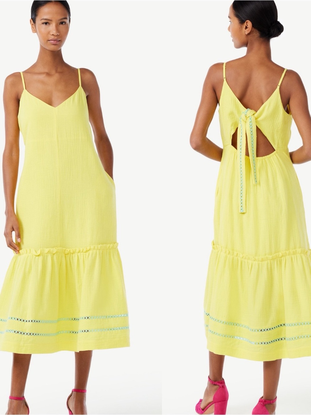 SCOOP Yellow Teal Gauze Bow Back Tiered Summer Maxi Dress Size M